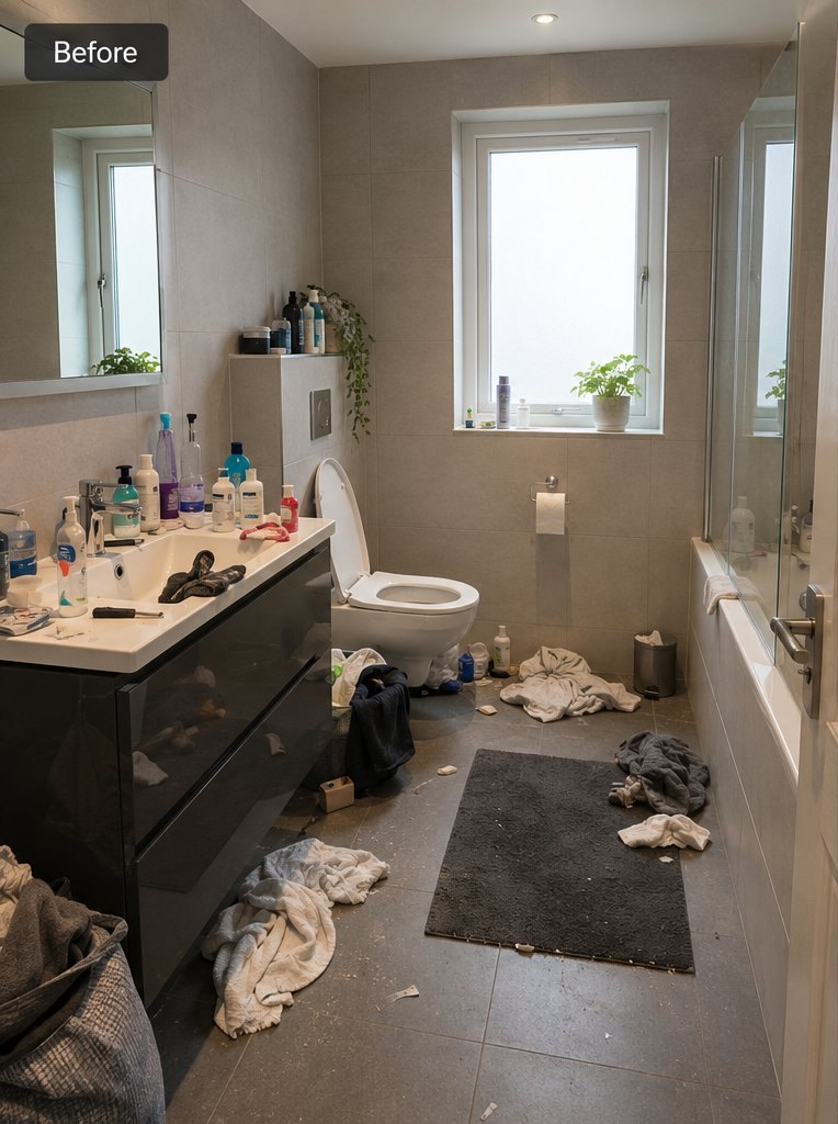 The same bathroom before cleaning — cluttered and messy