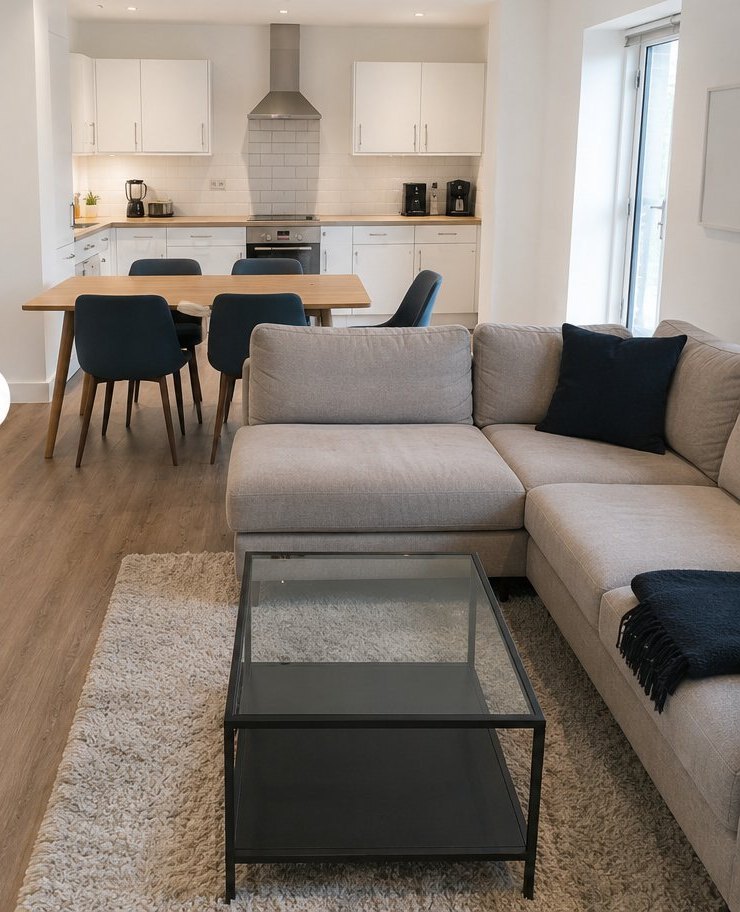 A bright, spotlessly clean open-plan living room and kitchen cleaned by High Five Cleaners