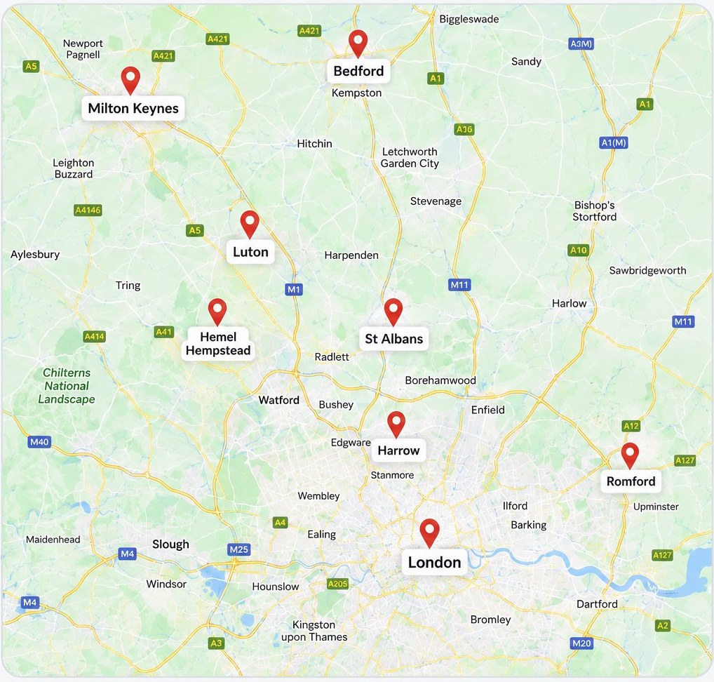 High Five Cleaners coverage map across Bedfordshire, Hertfordshire, Buckinghamshire, Greater London and Romford — including Bedford, Luton, Milton Keynes, St Albans, Hemel Hempstead, Harrow and London