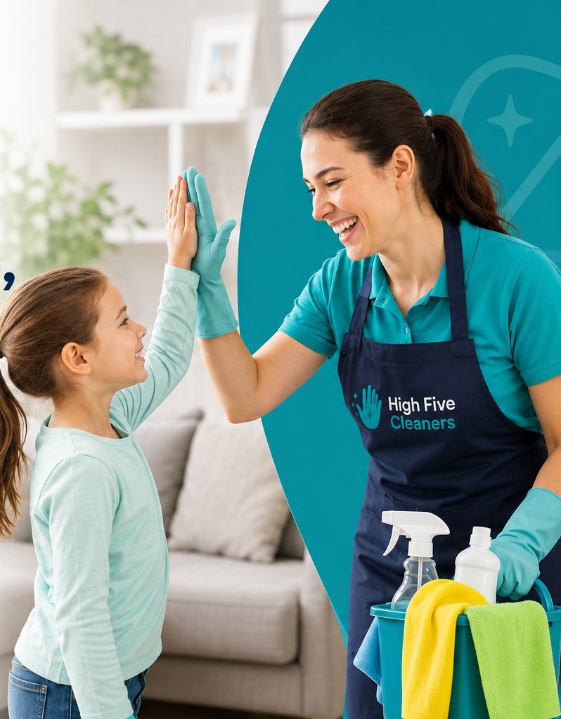 A High Five Cleaners team member high-fiving a happy young girl in a freshly cleaned living room