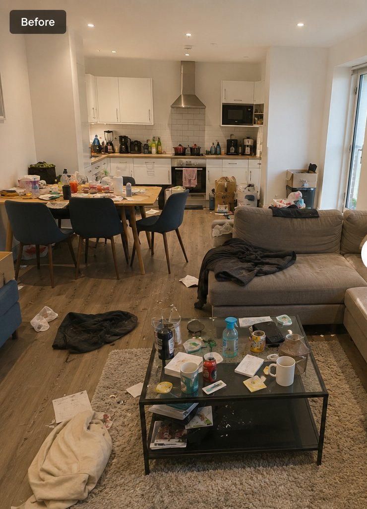 The same living room before cleaning — cluttered and messy